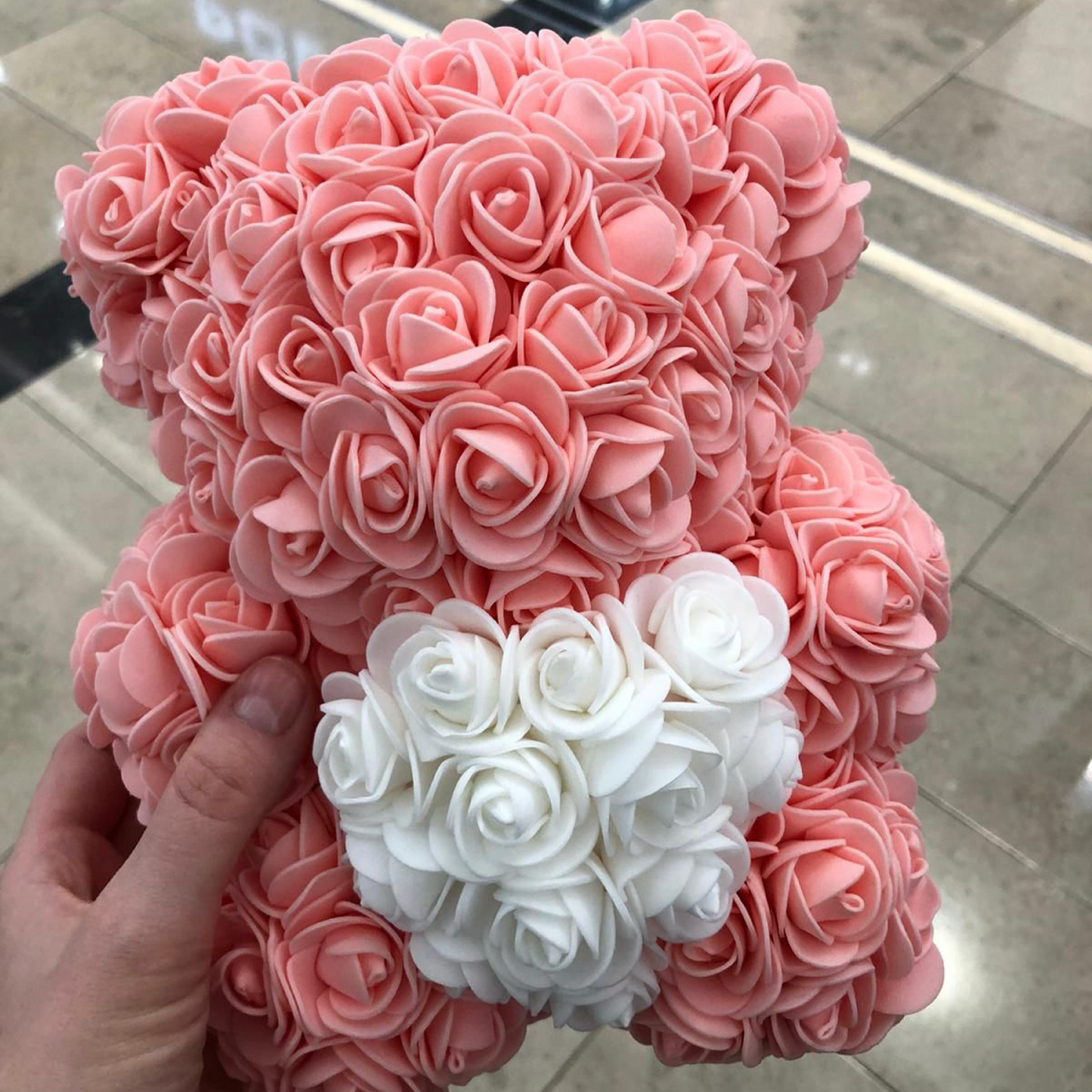 Peach Rose Teddy Bear & White Heart