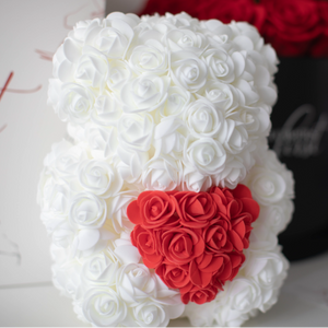 Medium White Rose Teddy Bear & Red Heart