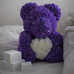 Large Purple Rose Teddy Bear & White Heart
