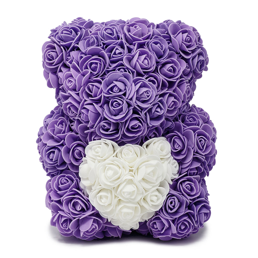 Purple Rose Teddy Bear & White Heart -1