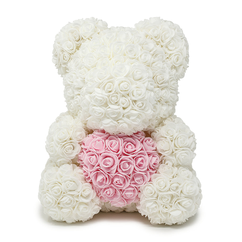 White Rose Teddy Bear & Pink Heart -1