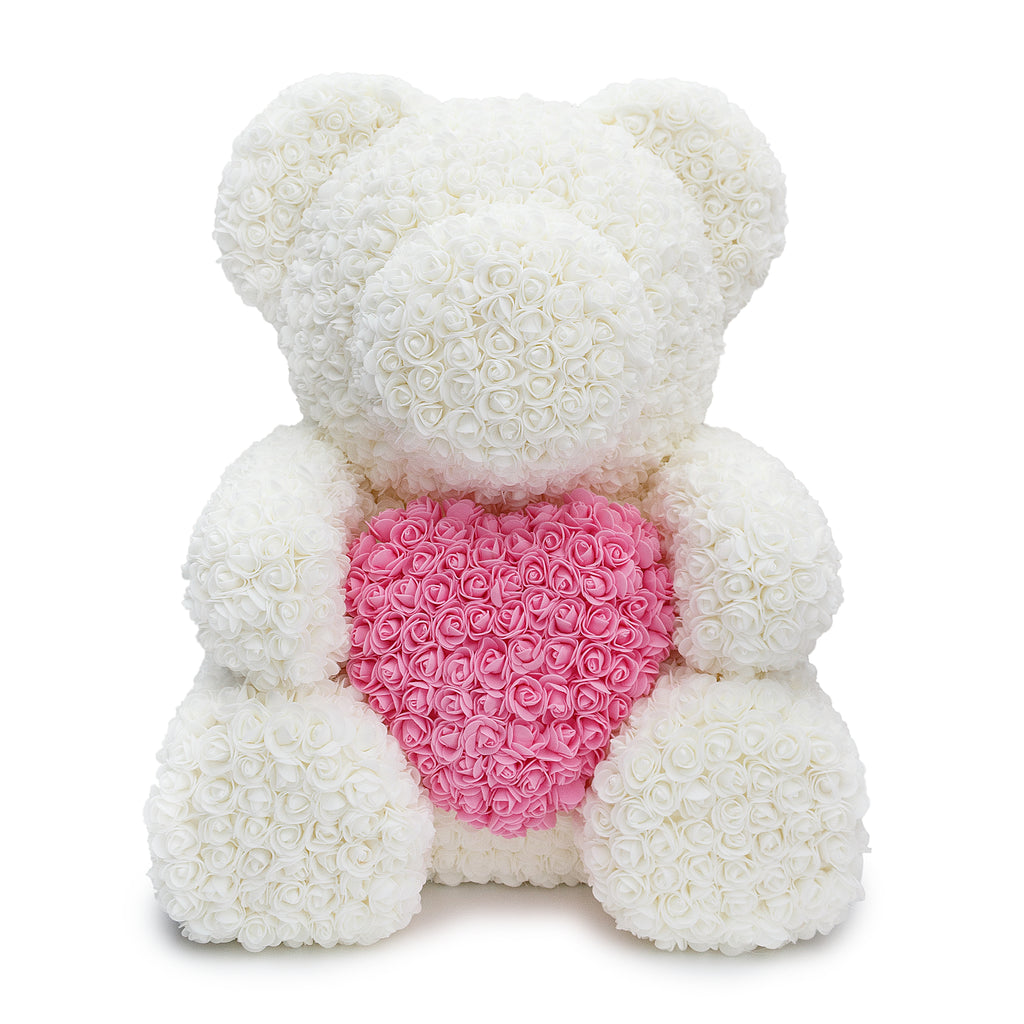 BIG White Rose Teddy Bear & Pink Heart -1