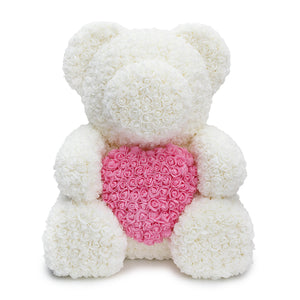 BIG White Rose Teddy Bear & Pink Heart -1