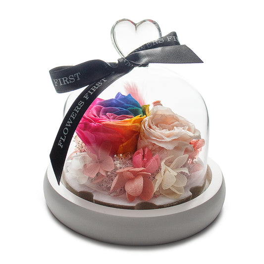 Rainbow Infinity Rose in White Glass Dome