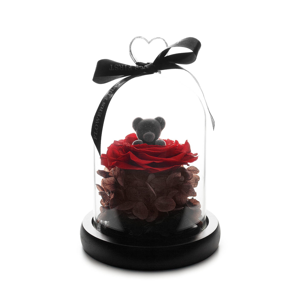 Rote Infinity Rose mit Teddy in Glaskuppel