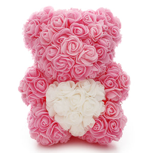 Medium Pink Rose Teddy Bear & White Heart