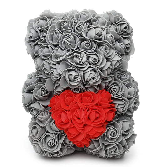 Grey Rose Teddy Bear & Red Heart