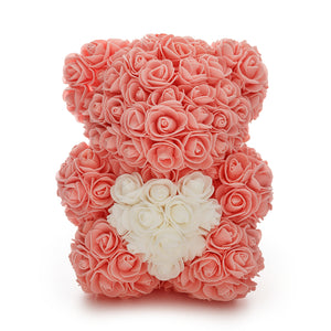 Medium Peach Rose Teddy Bear & White Heart